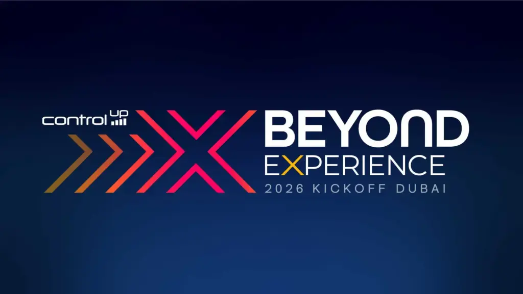 Beyond Experience logo. Blue background. White font. Pink icons.