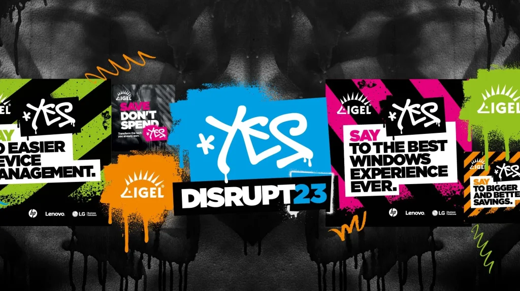 IGEL Disrupt YES 2023 branding. Multiple media types in one line on grey background.