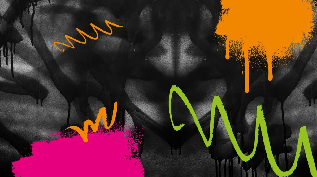 Graffiti background with abstract painted shapes. Pink, orange and green on black and grey background.