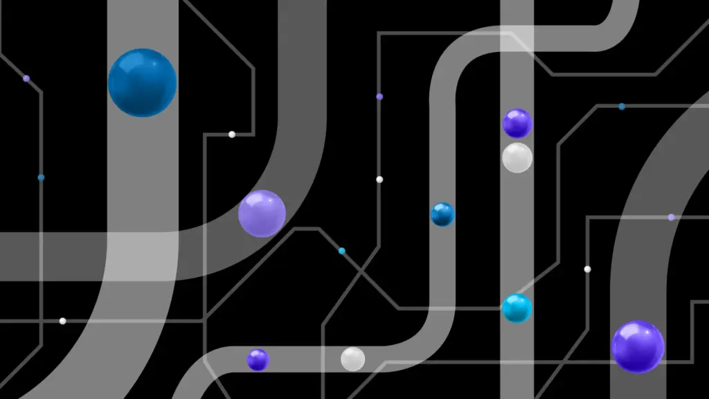 Abstract tubes depicting white, purple and blue 3d balls moving through them.