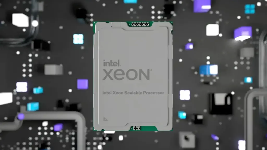 Intel XEON chip up-close. In the background a computer board is visible.