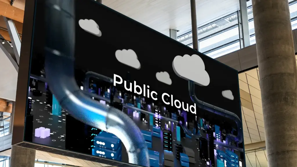 Public cloud on abstract city background.
