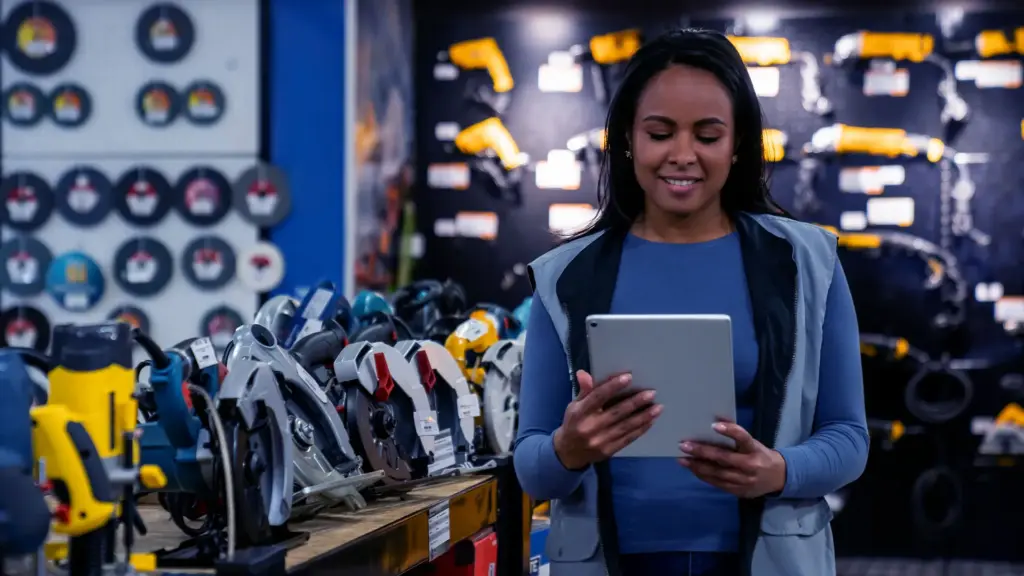 Woman in retail store holding a tablet.