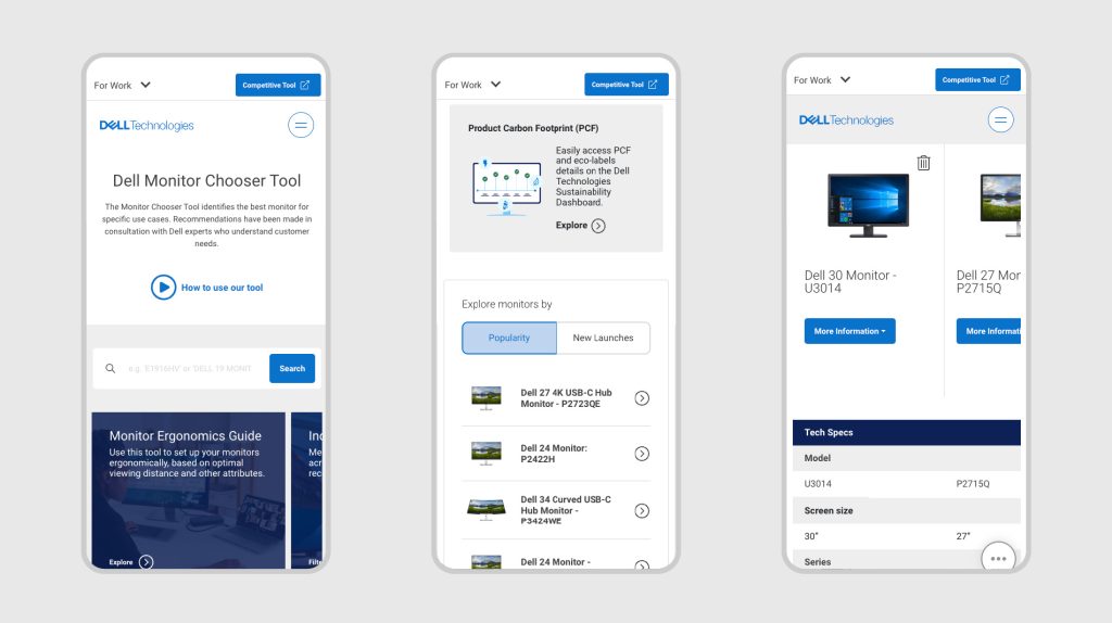 Mobile view of Monitor Chooser Tool homepage. Three screens showing different parts of the page.