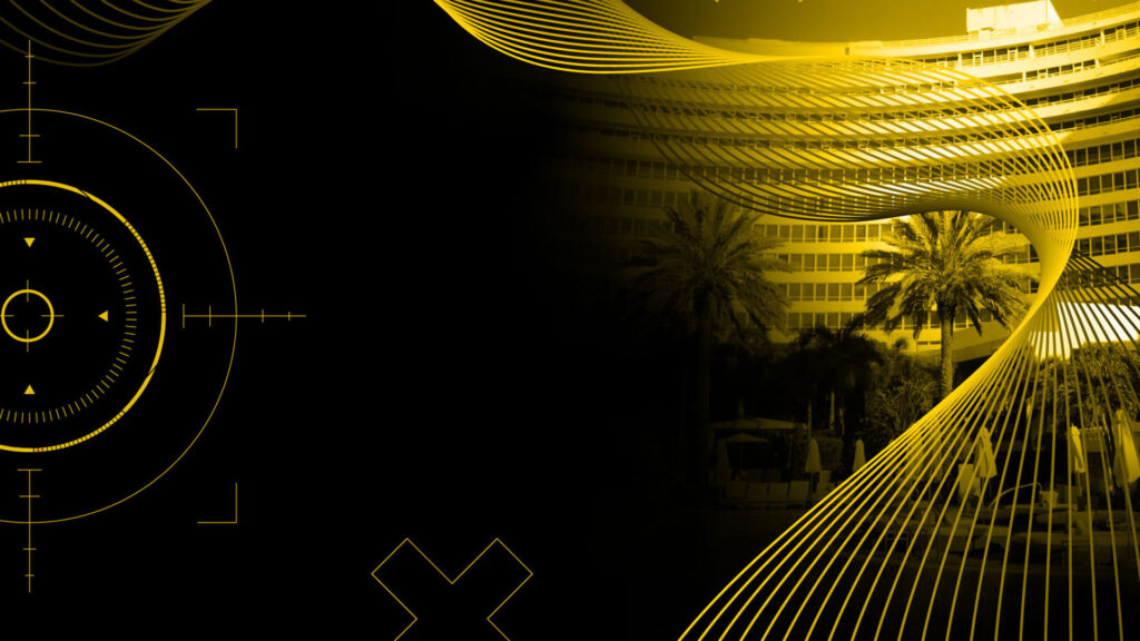 Branded background with hotel image and Now & Next abstract line illustrations.