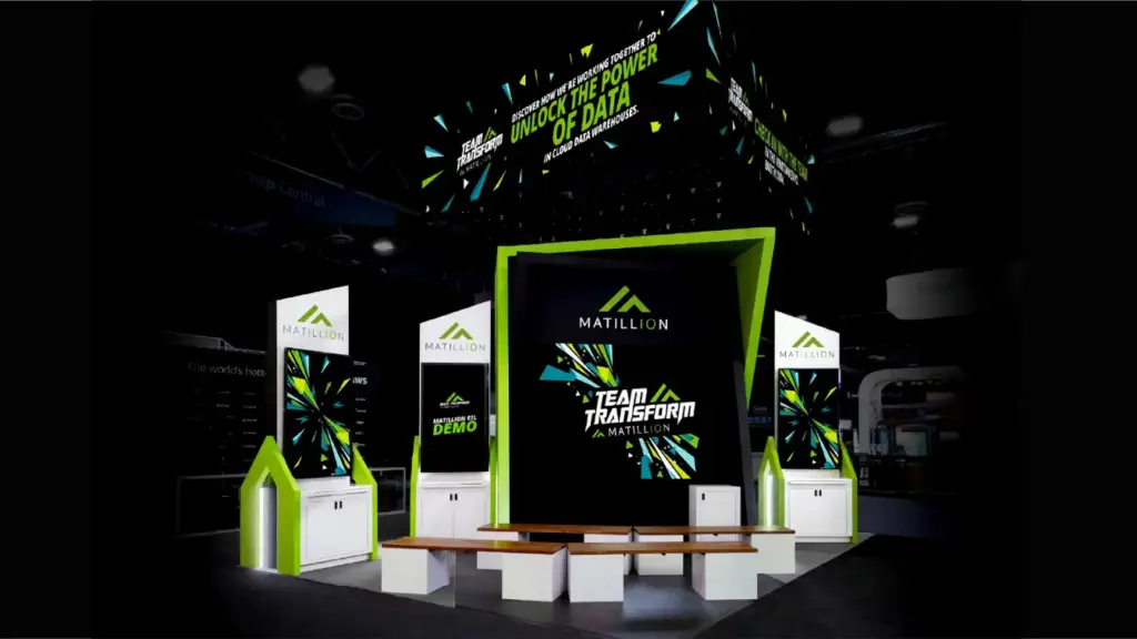 Matillion logo event booth. Seating structure, screens, demo booth and more.