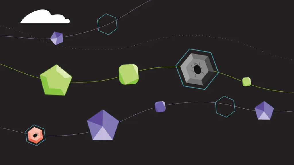 Black background showing multicoloured shapes along a string.