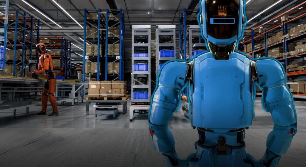 Warehouse robots working.