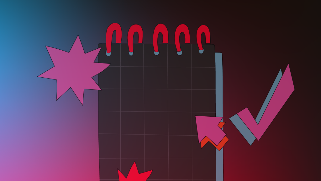 A stylised illustration of a organizer with red binder rings, surrounded by colourful arrows and starburst shapes.